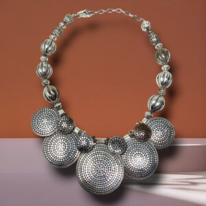 Vintage St. Thomas Silver Tone Multi Disc Textured Circle Statement Necklace
